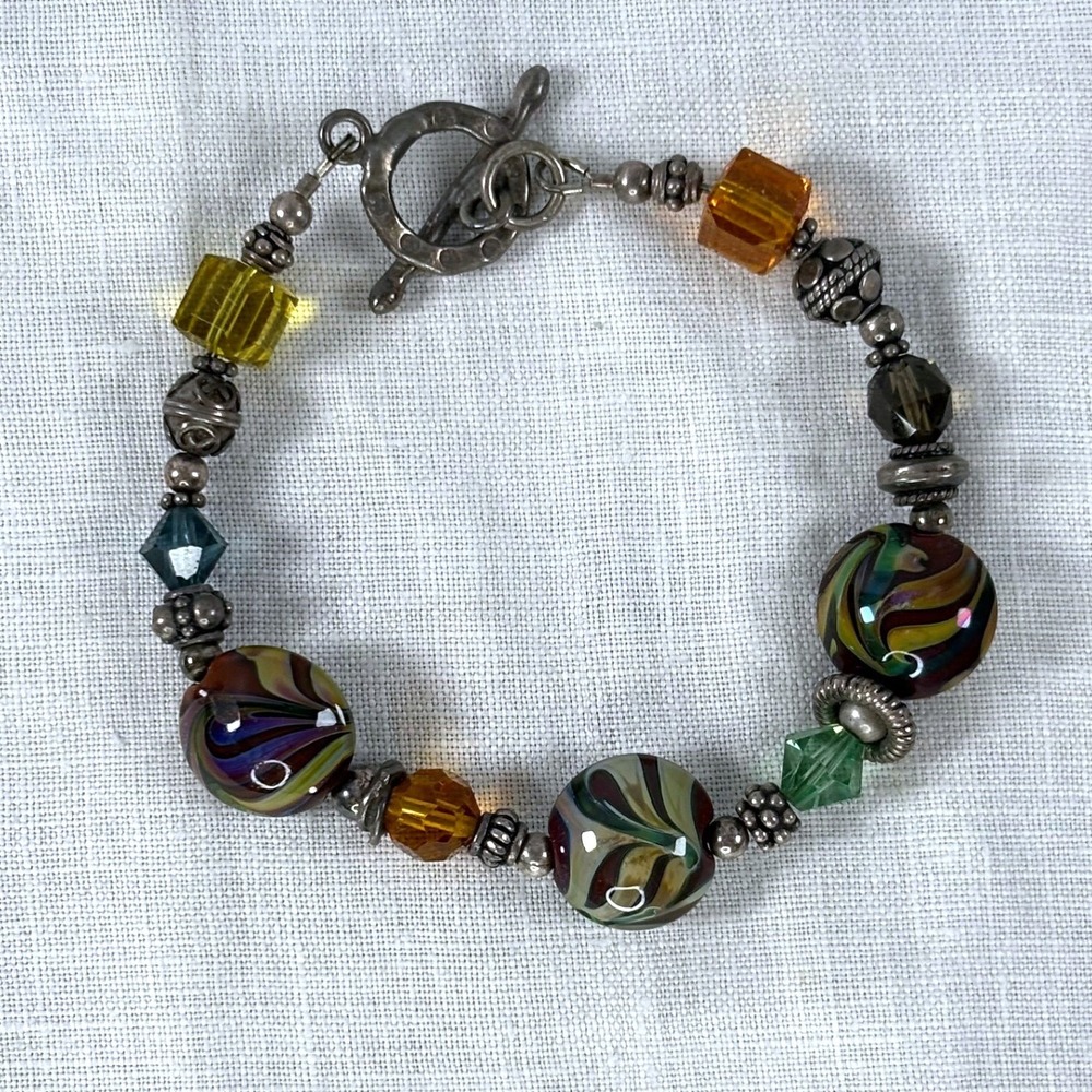 Multicolor Lampwork Glass and Crystal Beaded Bracelet with Toggle Clasp Artisan
